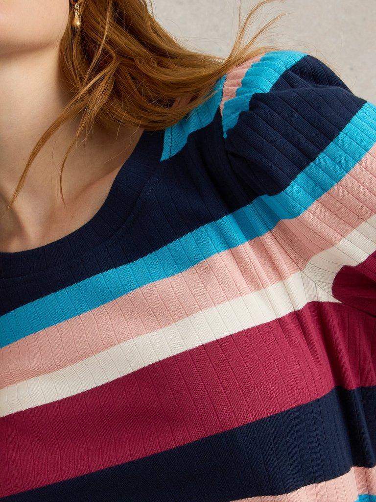 PUFF SLEEVE CREW NECK TEE in BLUE MLT - MODEL DETAIL