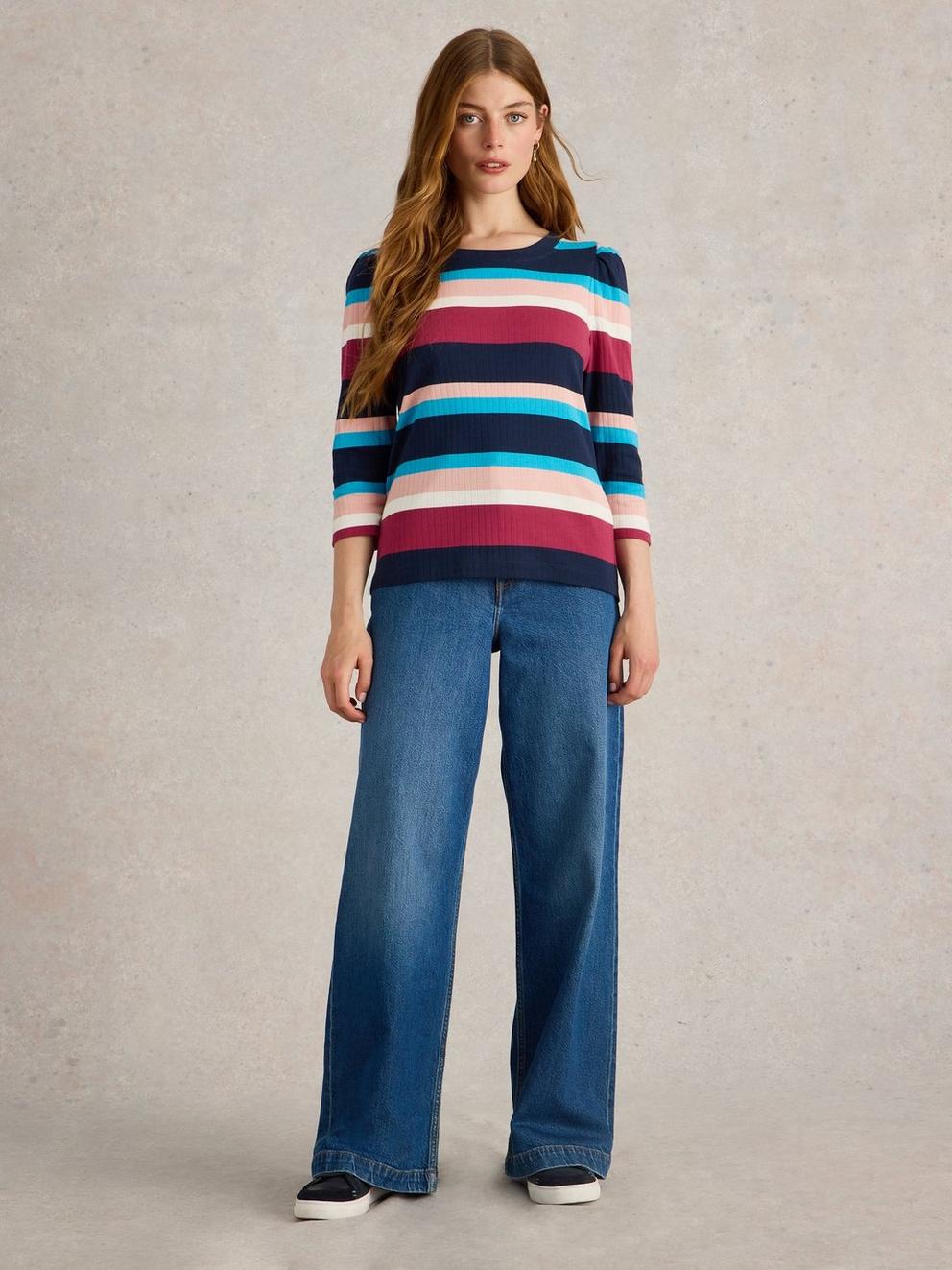 PUFF SLEEVE CREW NECK TEE in BLUE MLT - MODEL FRONT