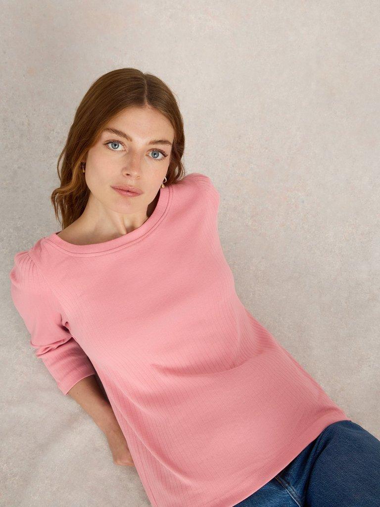 PUFF SLEEVE CREW NECK TEE in DUS PINK - LIFESTYLE
