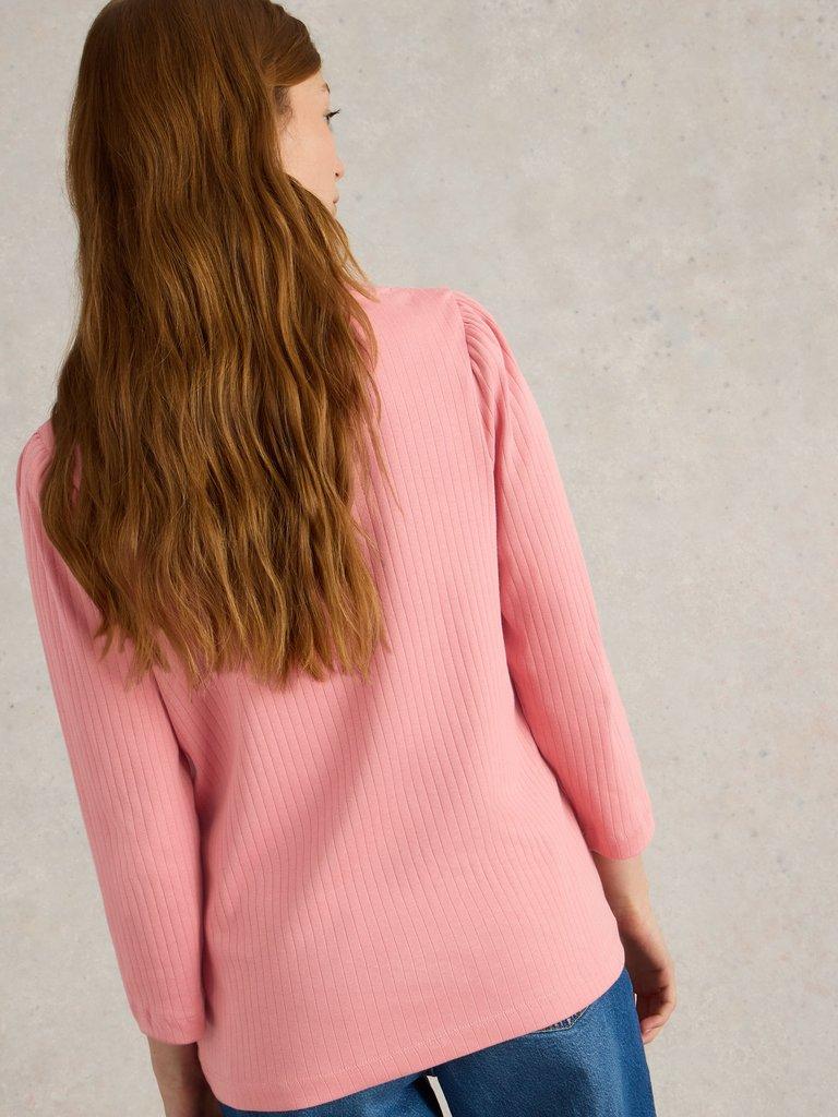 PUFF SLEEVE CREW NECK TEE in DUS PINK - MODEL BACK