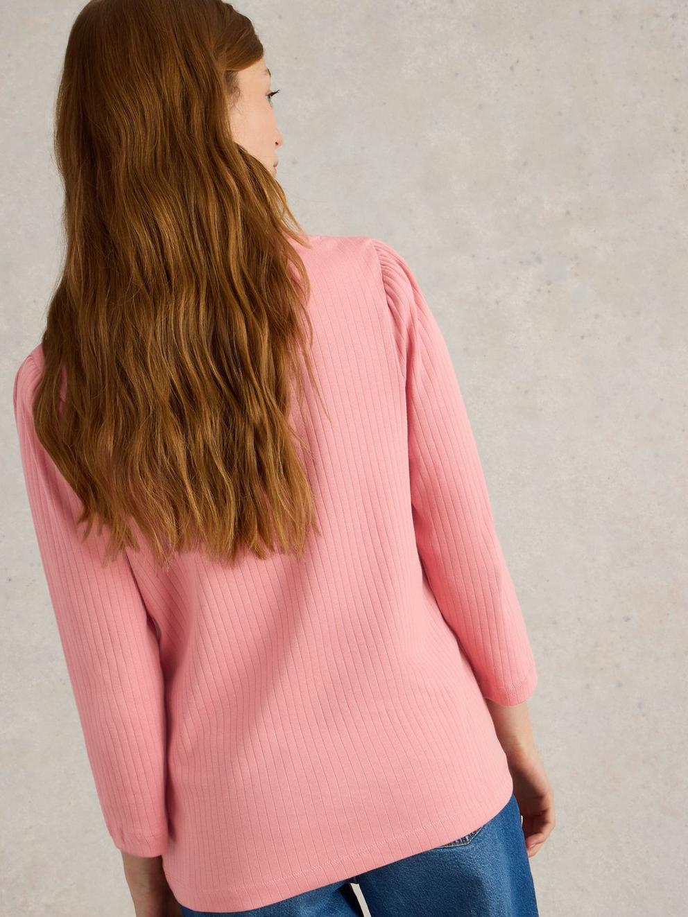 PUFF SLEEVE CREW NECK TEE in DUS PINK - MODEL BACK