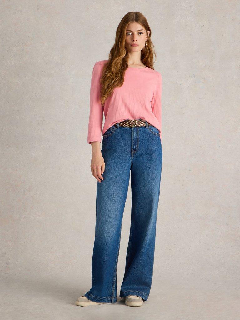 PUFF SLEEVE CREW NECK TEE in DUS PINK - MODEL FRONT