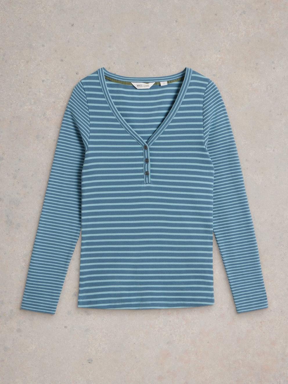 HALLEY RIB STRIPE HENLEY in BLUE MLT - FLAT FRONT