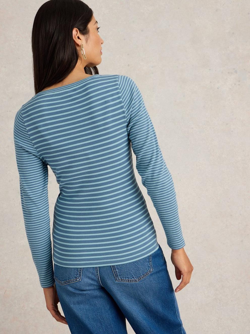 HALLEY RIB STRIPE HENLEY in BLUE MLT - MODEL BACK