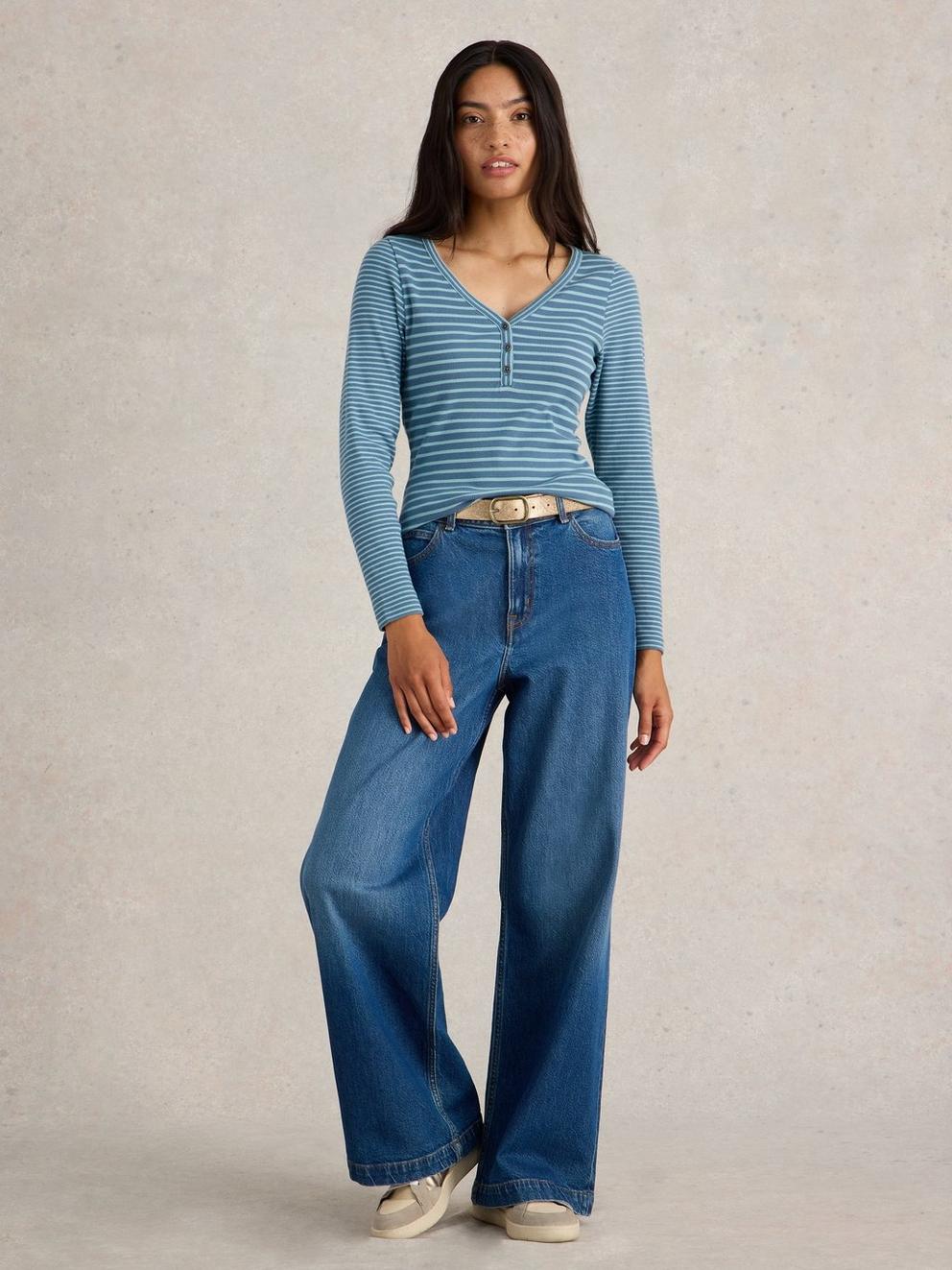 HALLEY RIB STRIPE HENLEY in BLUE MLT - MODEL FRONT