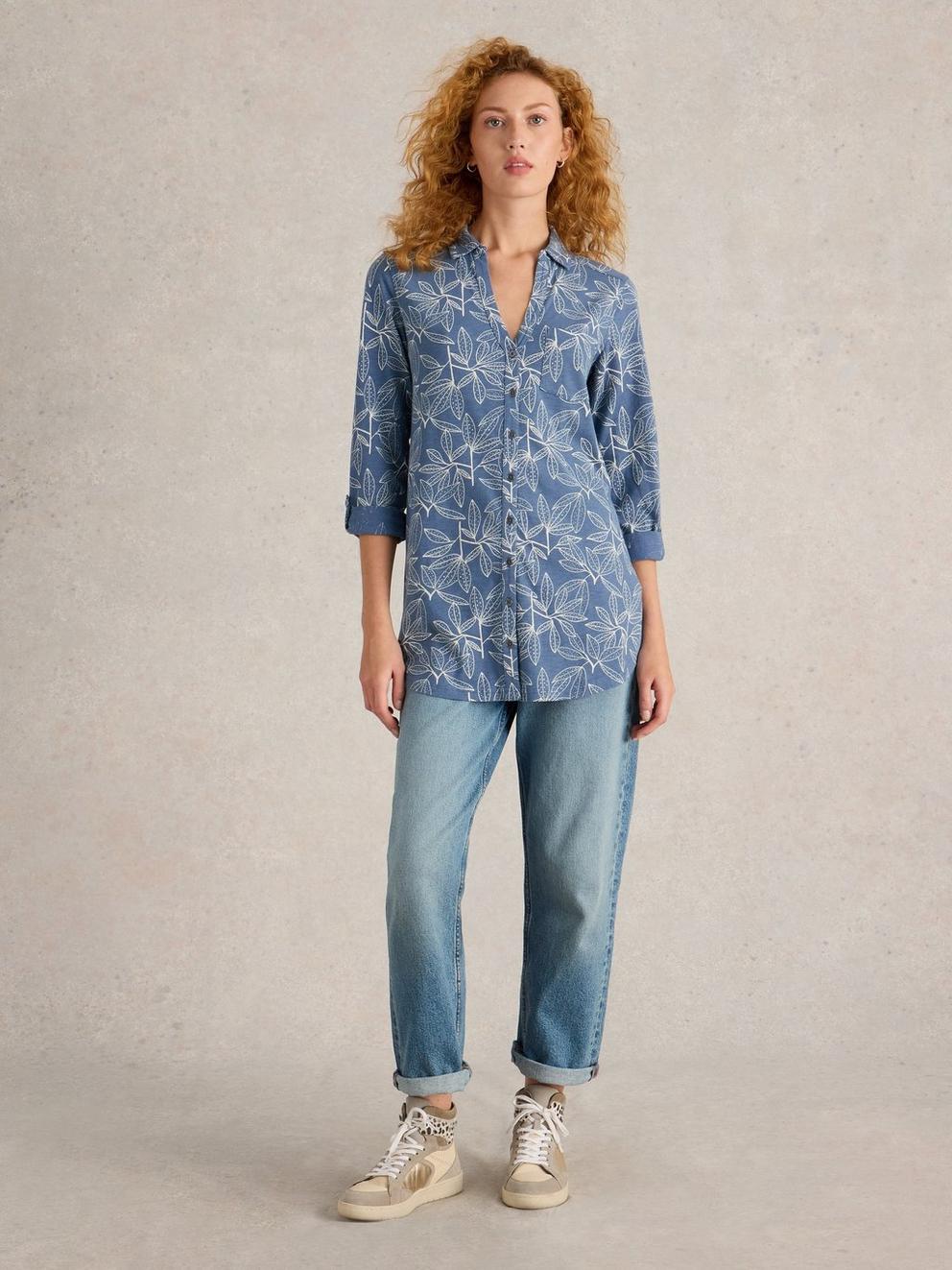 ANNIE LONGLINE COLLARED SHIRT in BLUE PR - MODEL FRONT