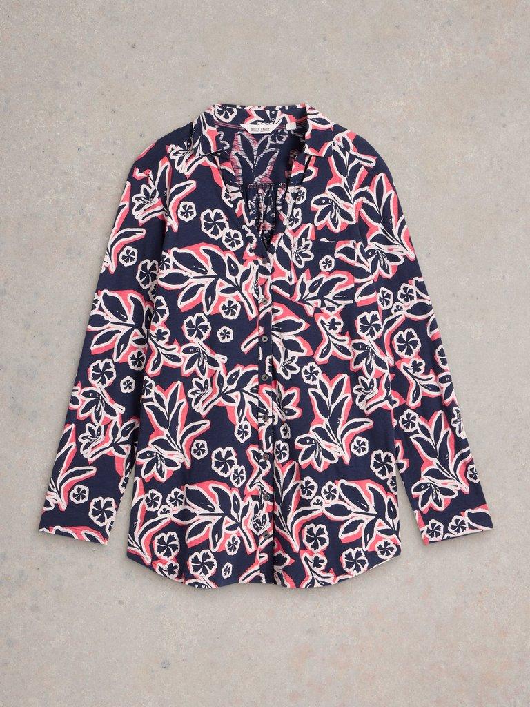 ANNIE LONGLINE COLLARED SHIRT in NAVY MULTI - FLAT FRONT