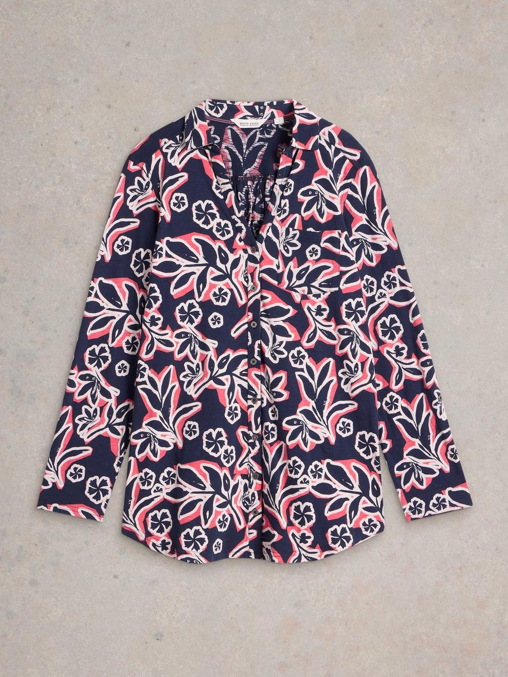 ANNIE LONGLINE COLLARED SHIRT in NAVY MULTI - FLAT FRONT