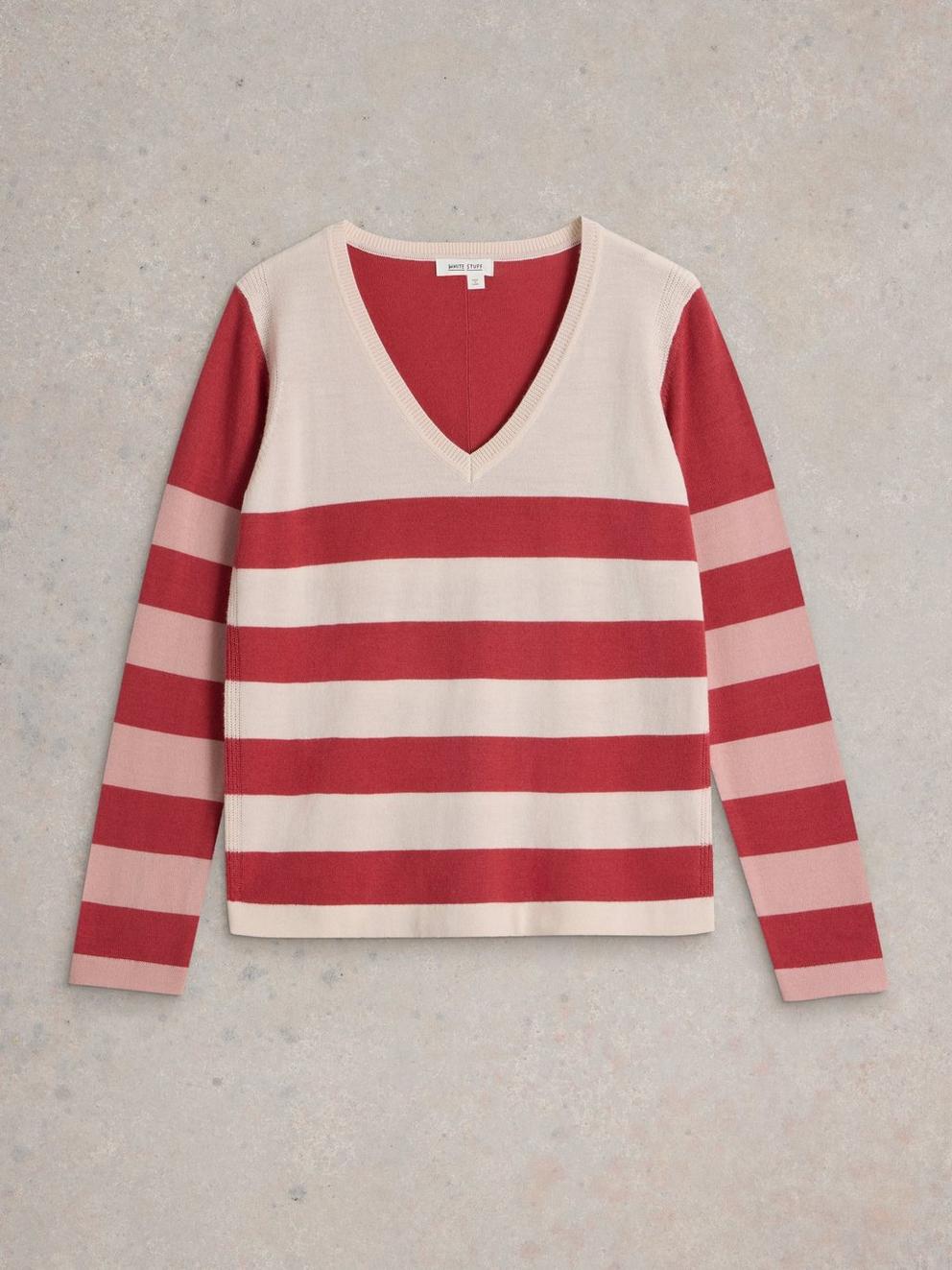STRIPE V NECK MERINO WOOL JUMPER in PLUM MLT - FLAT FRONT