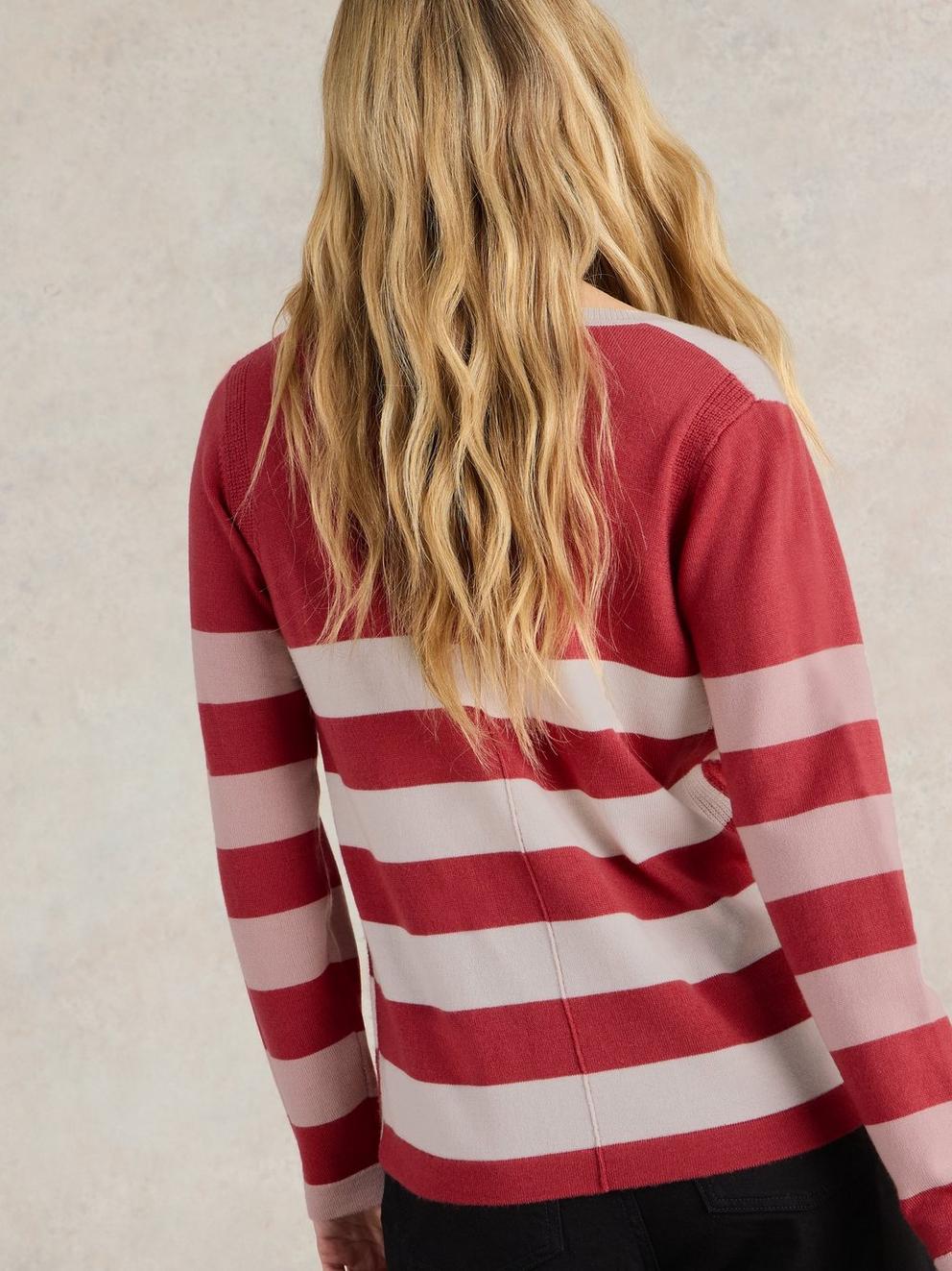 STRIPE V NECK MERINO WOOL JUMPER in PLUM MLT - MODEL BACK
