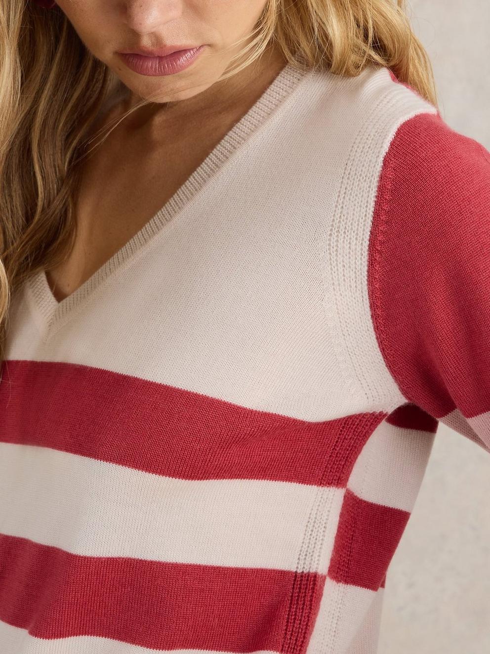 STRIPE V NECK MERINO WOOL JUMPER in PLUM MLT - MODEL DETAIL