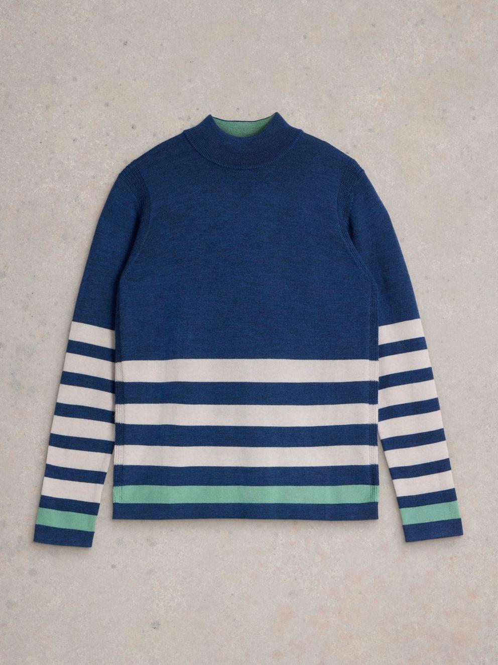 ROLL NECK MERINO WOOL JUMPER in BLUE MLT - FLAT FRONT