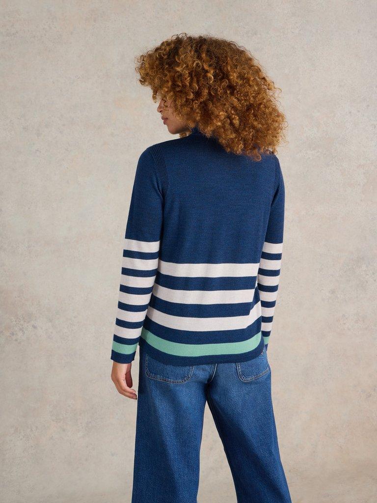 ROLL NECK MERINO WOOL JUMPER in BLUE MLT - MODEL BACK