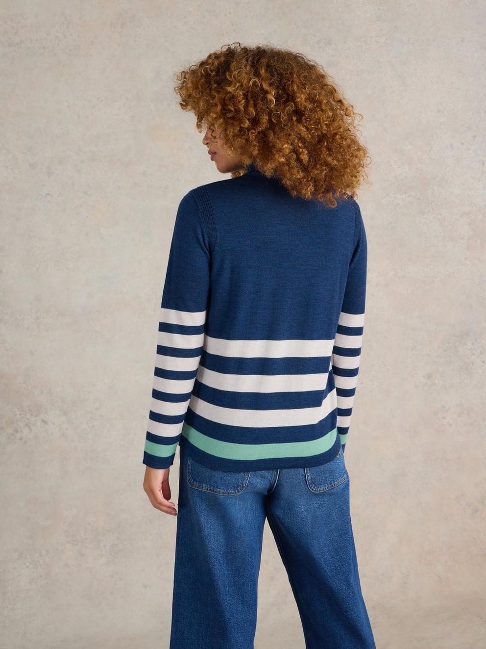 ROLL NECK MERINO JUMPER in BLUE MLT - MODEL BACK