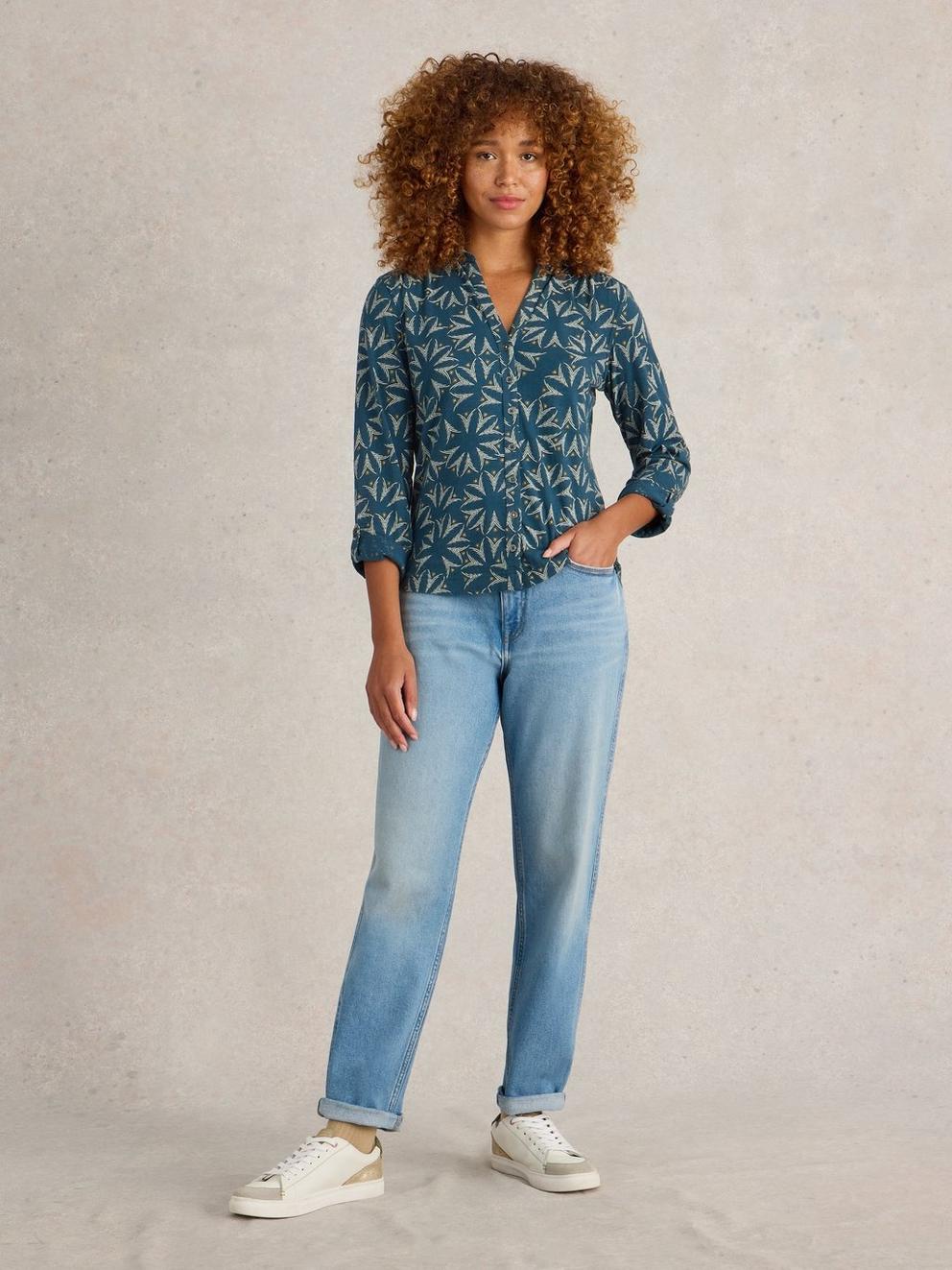 ANNIE COTTON SHIRT in TEAL MLT - MODEL FRONT