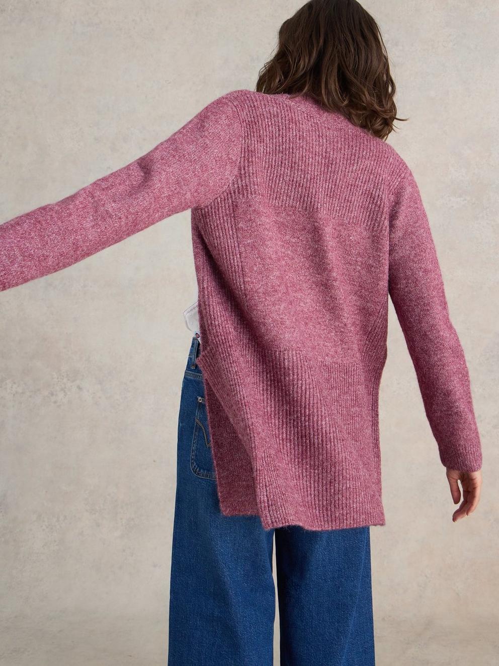 ERIN LONGLINE CARDI in DK PLUM - MODEL BACK