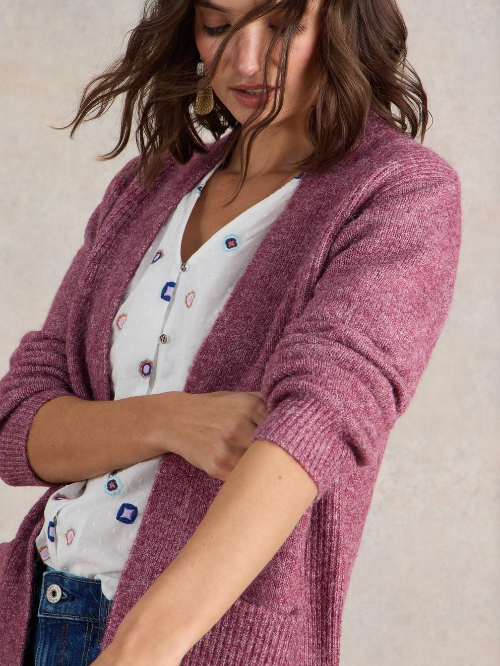 ERIN LONGLINE CARDI in DK PLUM - MODEL DETAIL