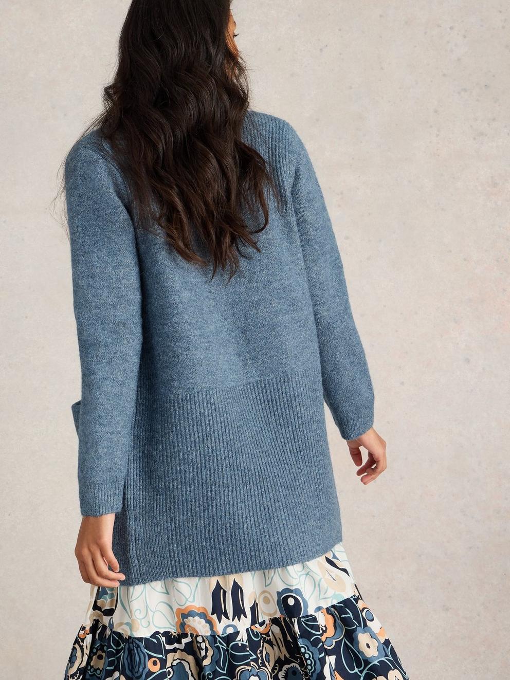 ERIN LONGLINE CARDI in MID BLUE - MODEL BACK