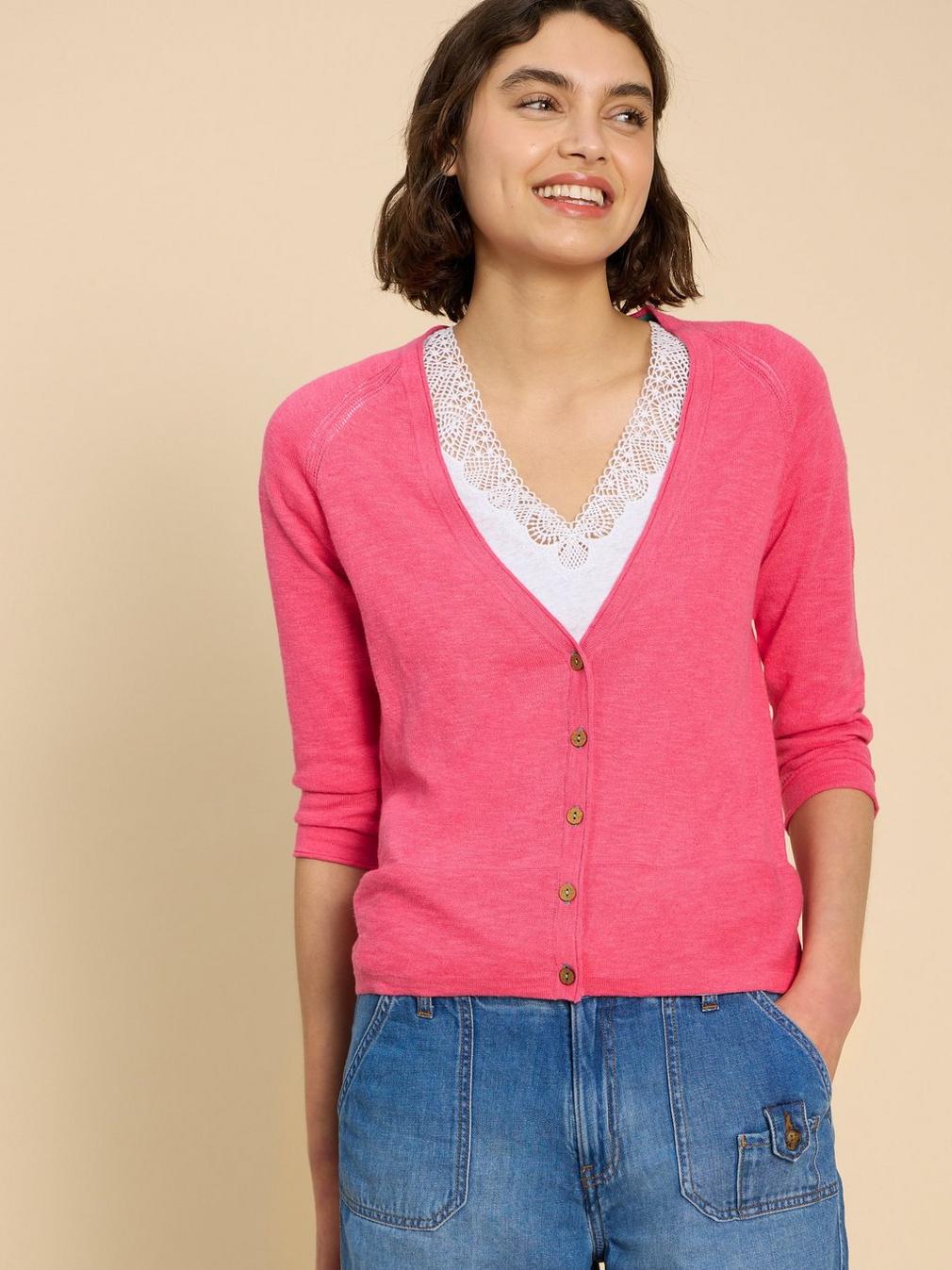 NARIA V  NECK CARDI in BRT PINK - LIFESTYLE