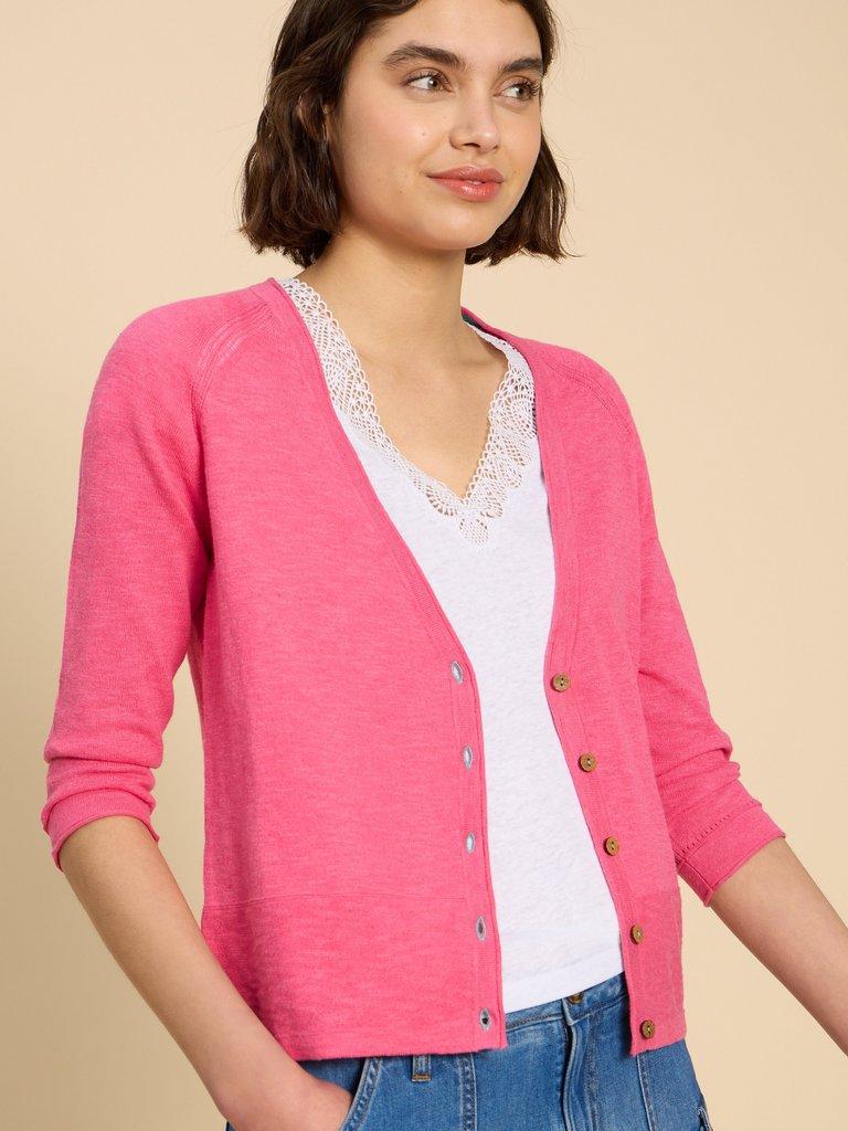 NARIA V  NECK CARDI in BRT PINK - MODEL DETAIL