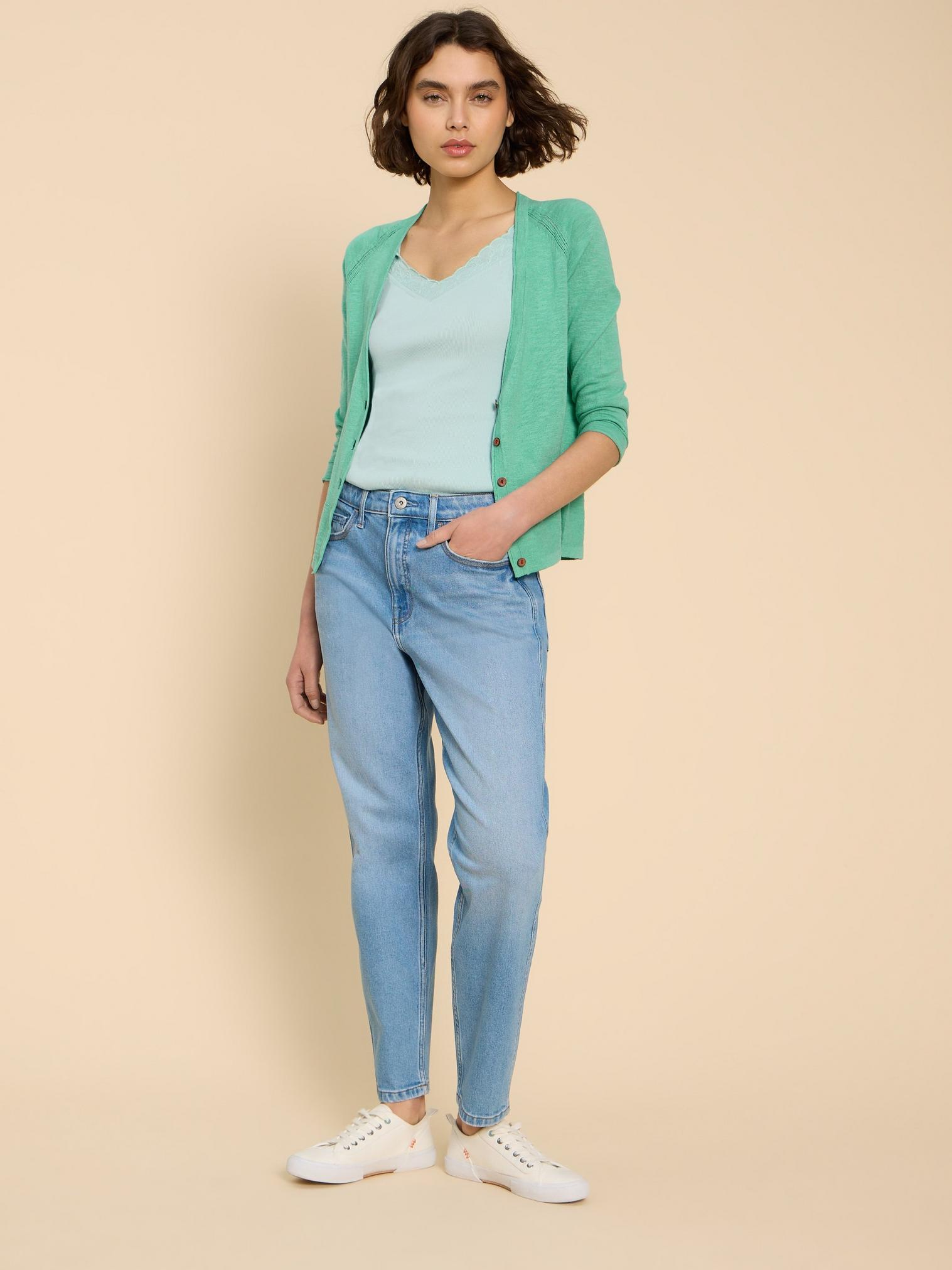 NARIA V  NECK CARDI in MID TEAL - LIFESTYLE