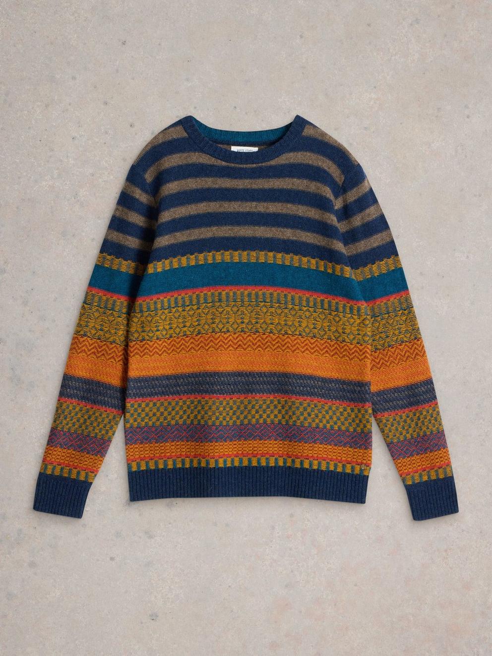 Stripe Wool Fairisle Crew Neck in BLUE MLT - FLAT FRONT