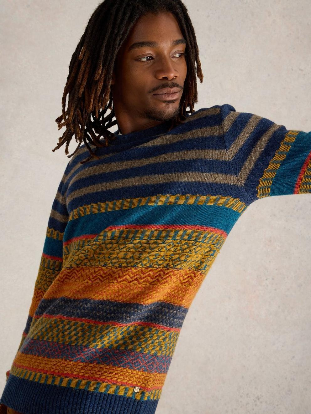 Stripe Wool Fairisle Crew Neck in BLUE MLT - LIFESTYLE