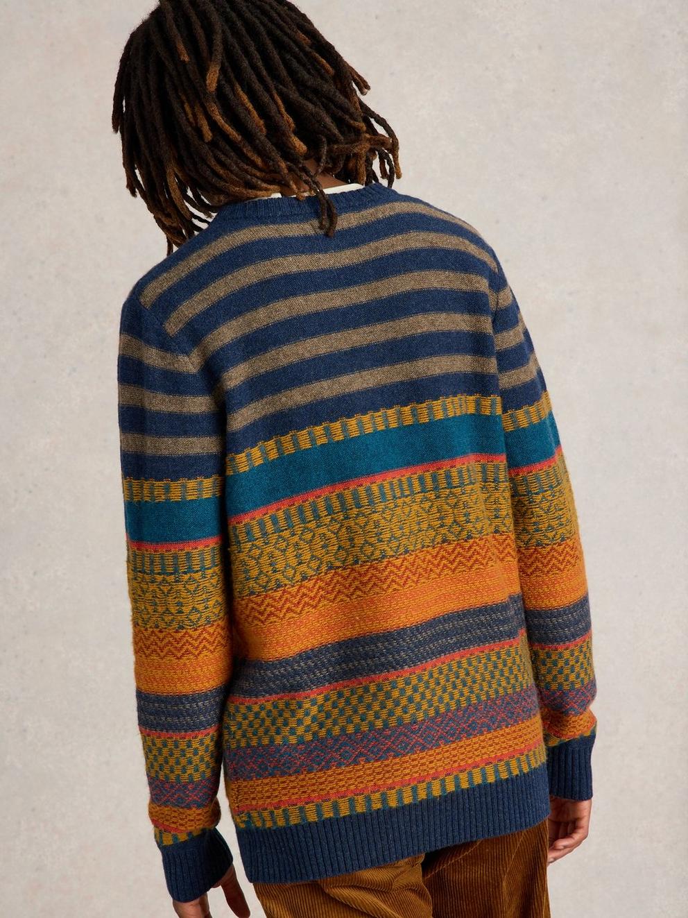 Stripe Wool Fairisle Crew Neck in BLUE MLT - MODEL BACK