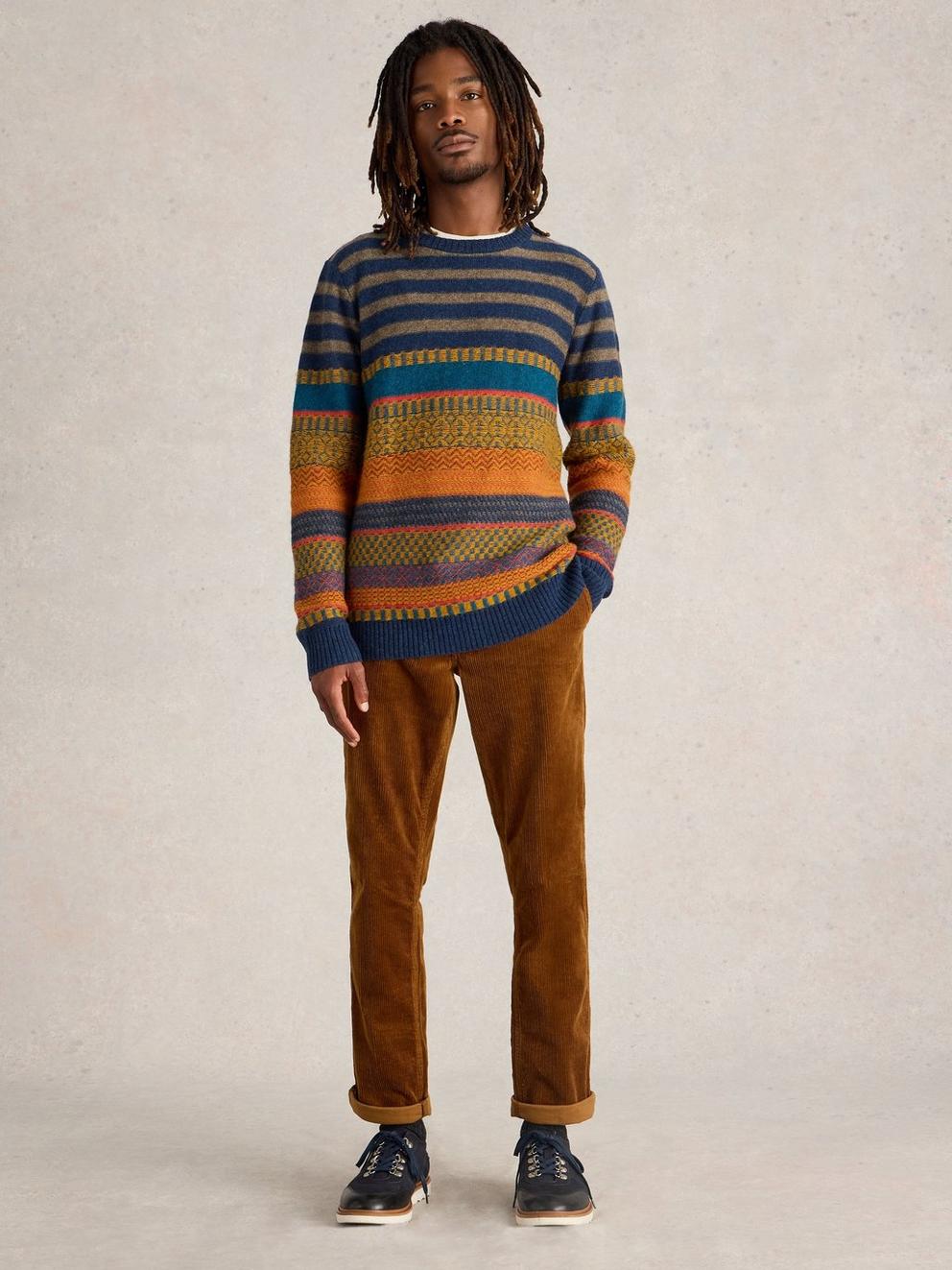 Stripe Wool Fairisle Crew Neck in BLUE MLT - MODEL FRONT