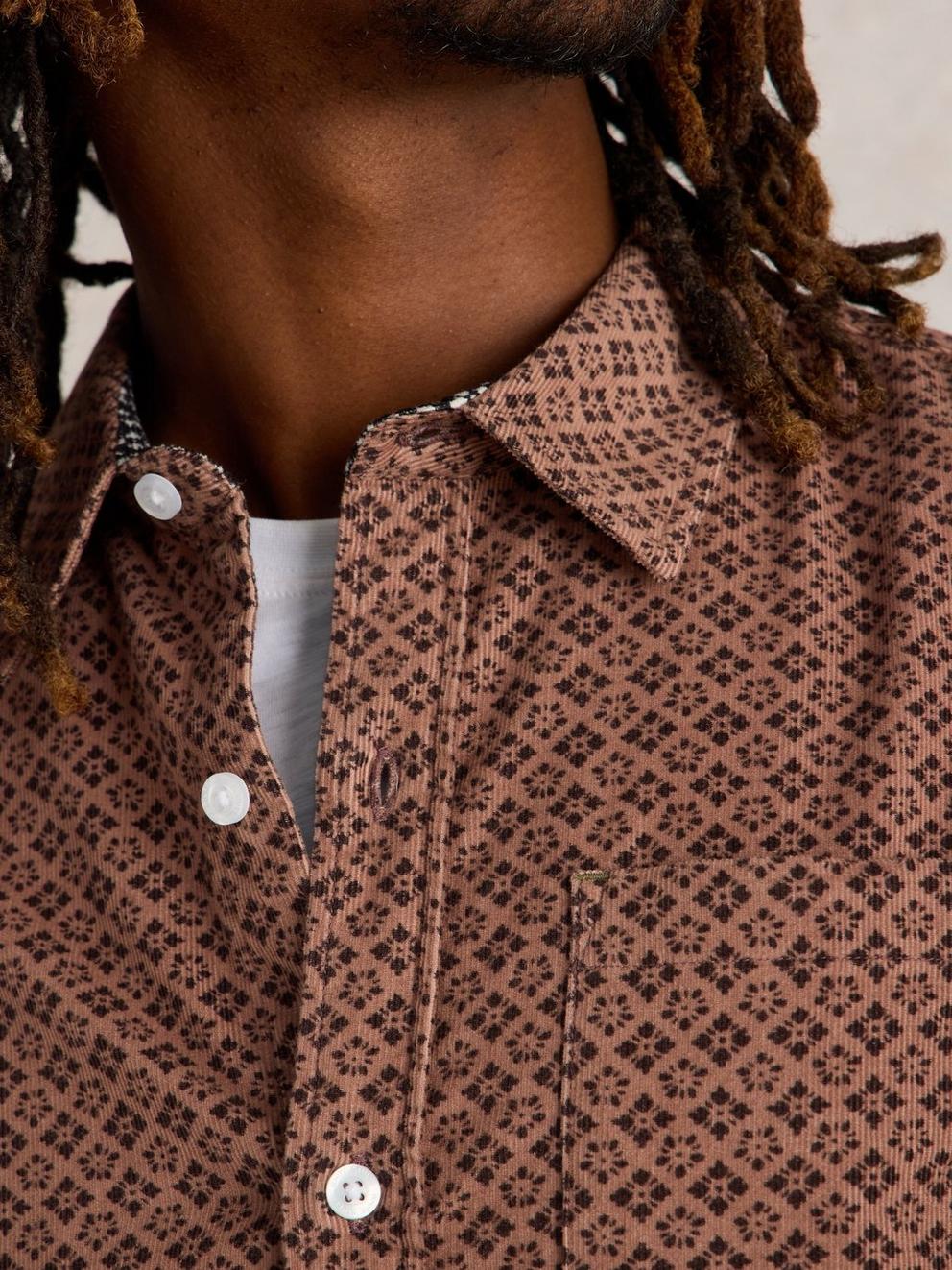 Geo Printed Cord Shirt in DK PINK - MODEL DETAIL