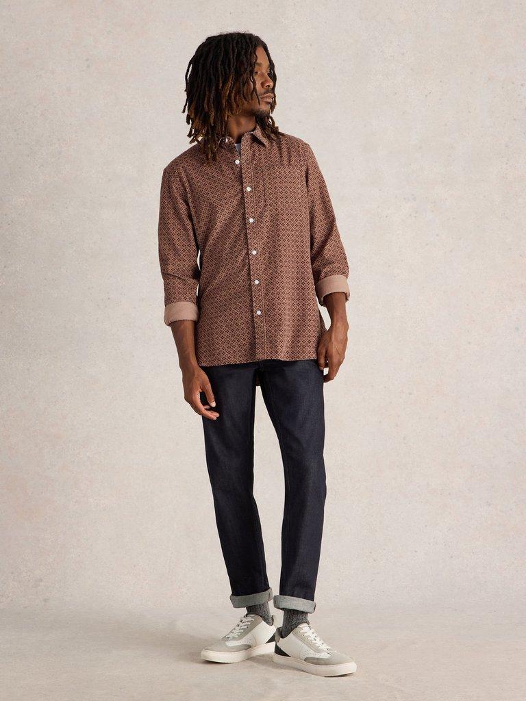 Geo Printed Cord Shirt in DK PINK - MODEL FRONT