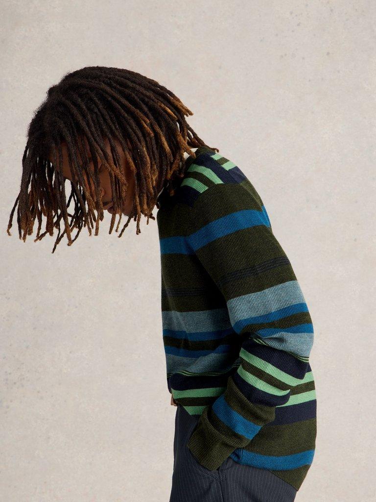 Newport Merino Wool Stripe Crew in GREEN MLT - MODEL DETAIL