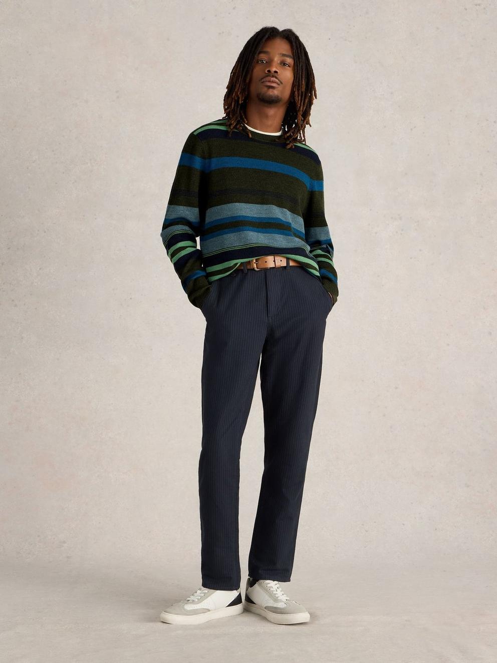 Newport Merino Wool Stripe Crew in GREEN MLT - MODEL FRONT