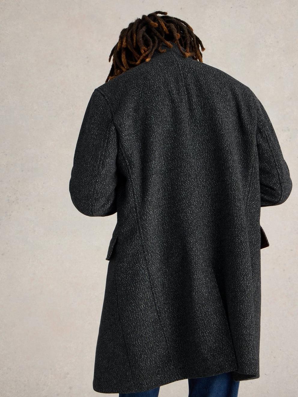 Wool Funnel Coat in DK GREY - MODEL BACK