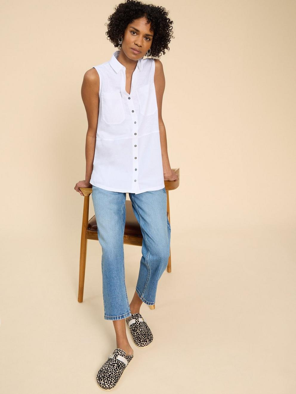 MELANIE MIX LONGLINE SHIRT in NAT WHITE - MODEL FRONT