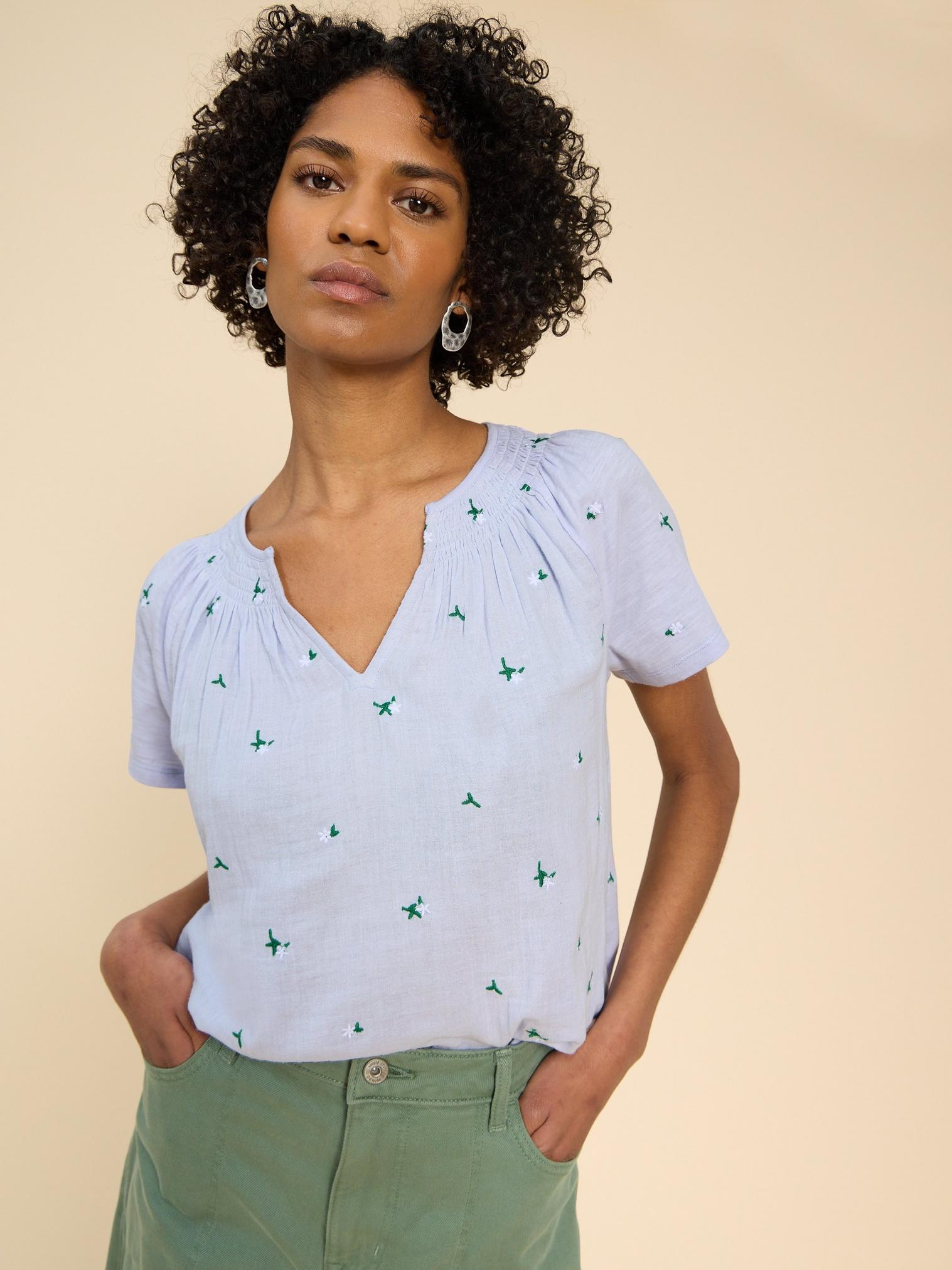 LUELLA NOTCH NECK EMB TOP in MID BLUE - LIFESTYLE