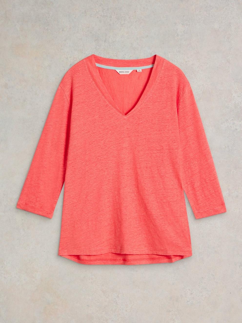 ISLA LINEN V NECK TEE in MID PINK - FLAT FRONT