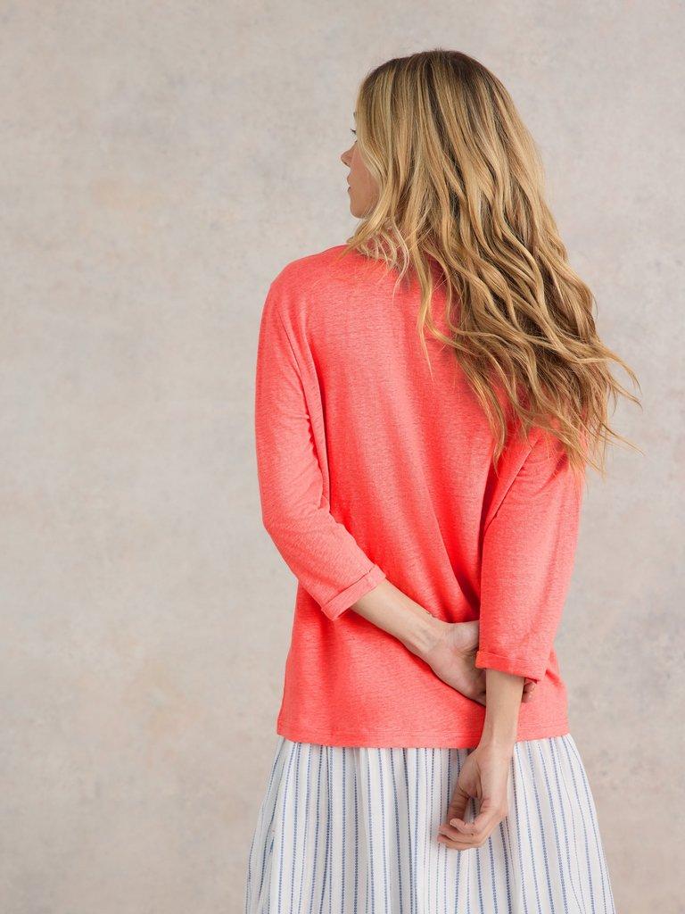 ISLA LINEN V NECK TEE in MID PINK - MODEL BACK