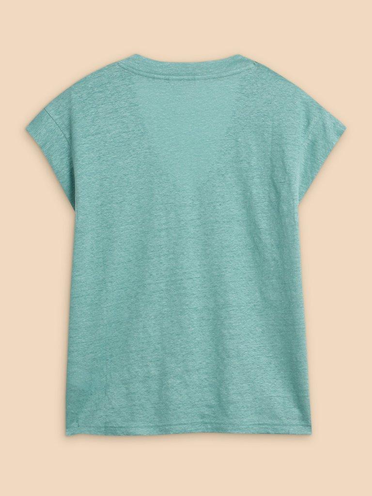 IVY V NECK LINEN TEE in MID TEAL - FLAT BACK