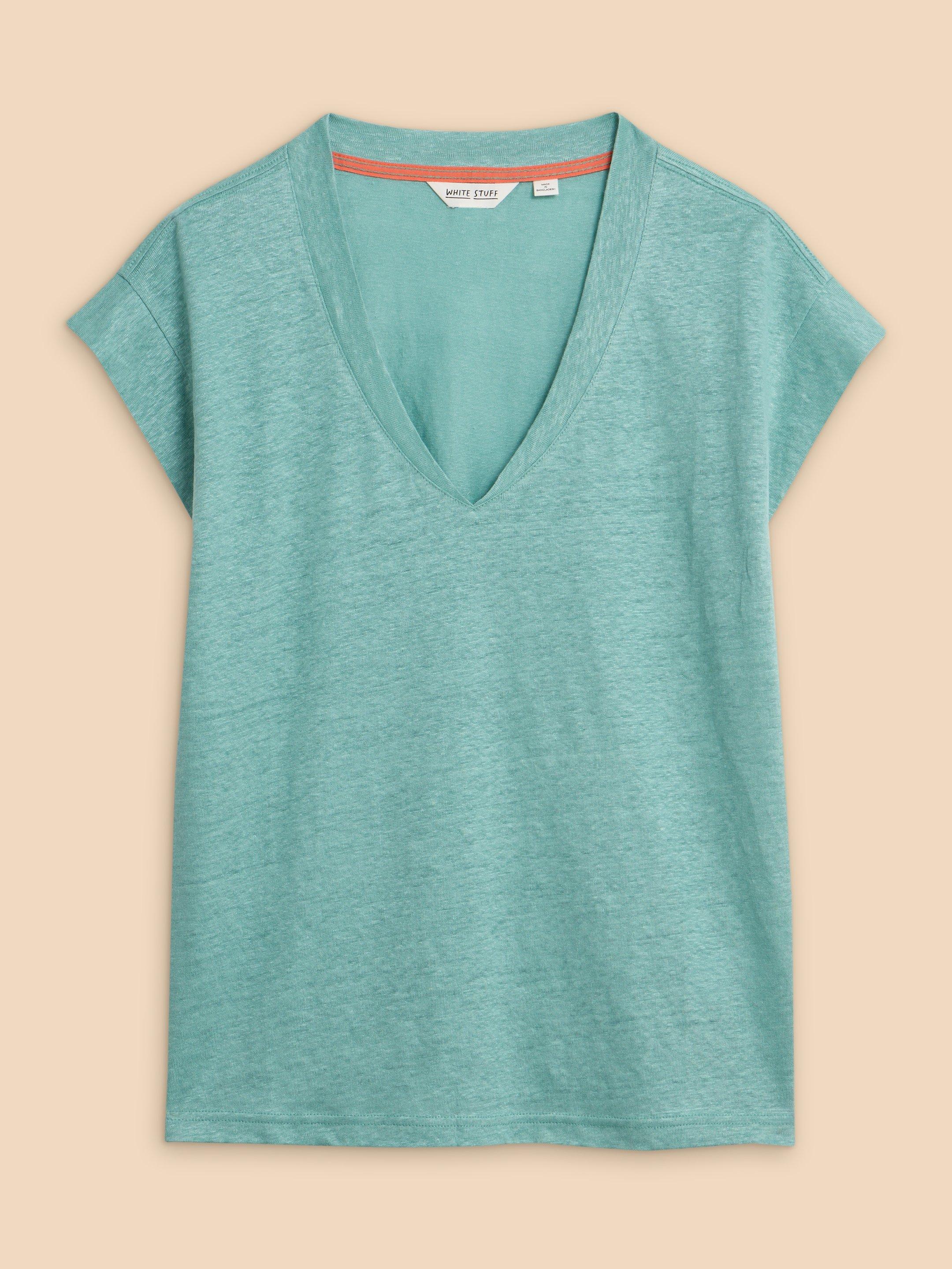 IVY V NECK LINEN TEE in MID TEAL - FLAT FRONT
