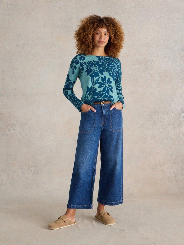 OLIVE PRINTED JUMPER in BLUE MLT - MODEL FRONT