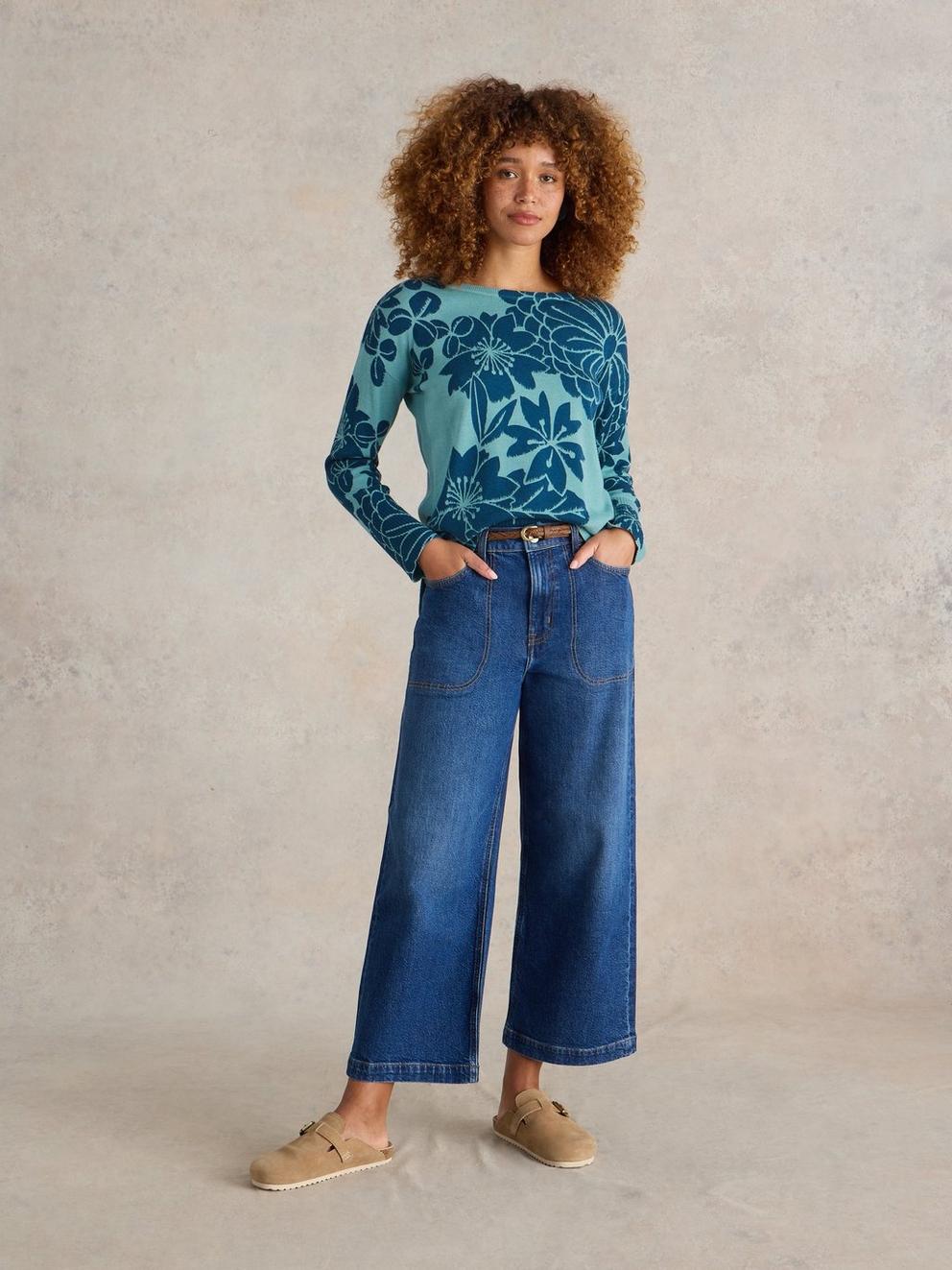 OLIVE PRINTED JUMPER in BLUE MLT - MODEL FRONT