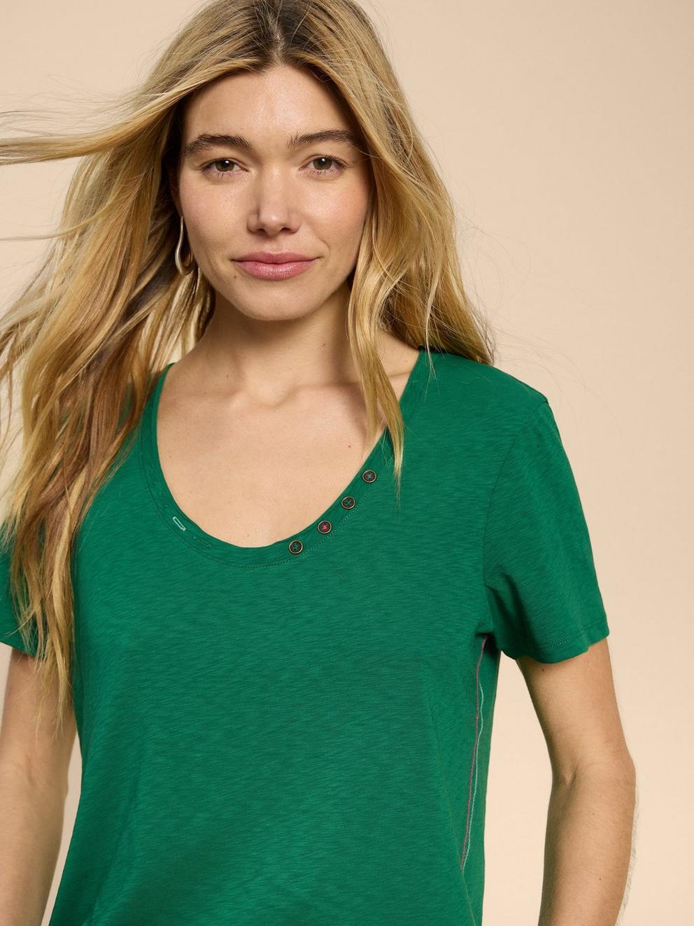 NADIA SS SCOOP NECK TEE in MID GREEN - MODEL FRONT