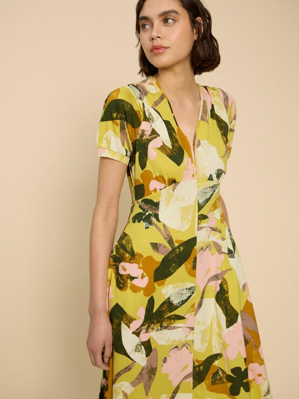 Megan Jersey Printed Dress in YELLOW PR - MODEL FRONT