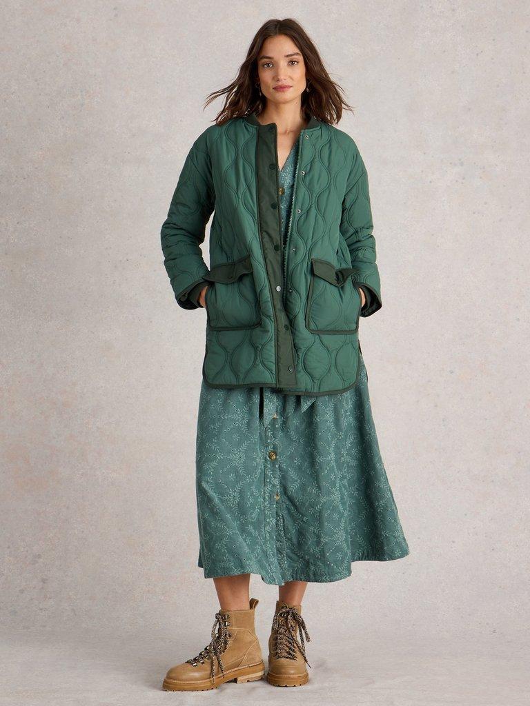 Raya Quilted Coat in DK GREEN - MODEL FRONT