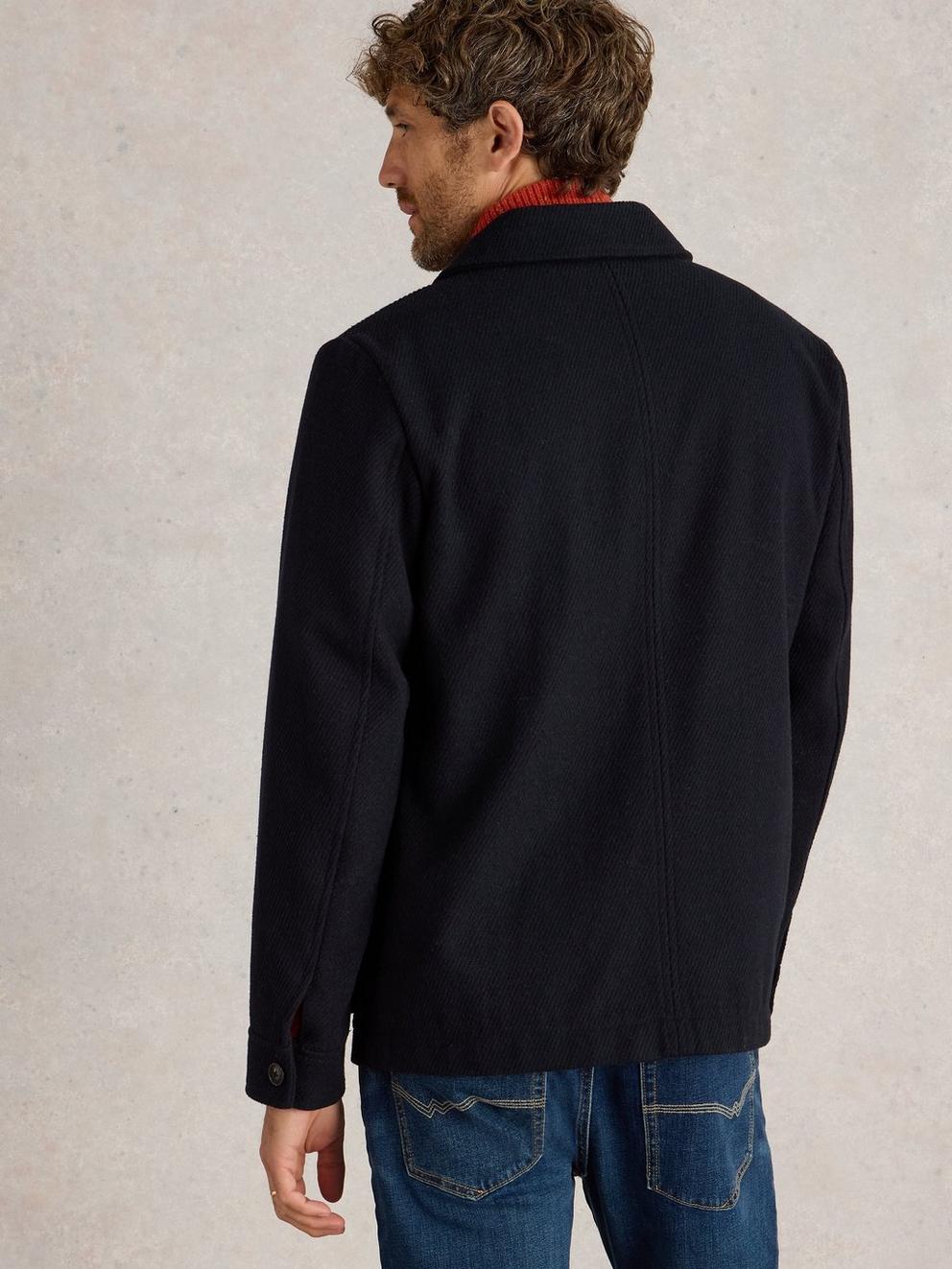 Wool Chore Jacket in DARK NAVY - MODEL BACK