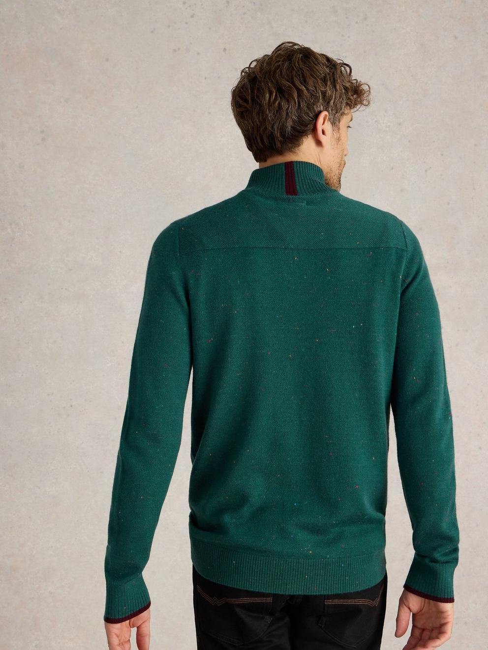 Merino Wool Funnel Neck Nep in GREEN MLT - MODEL BACK