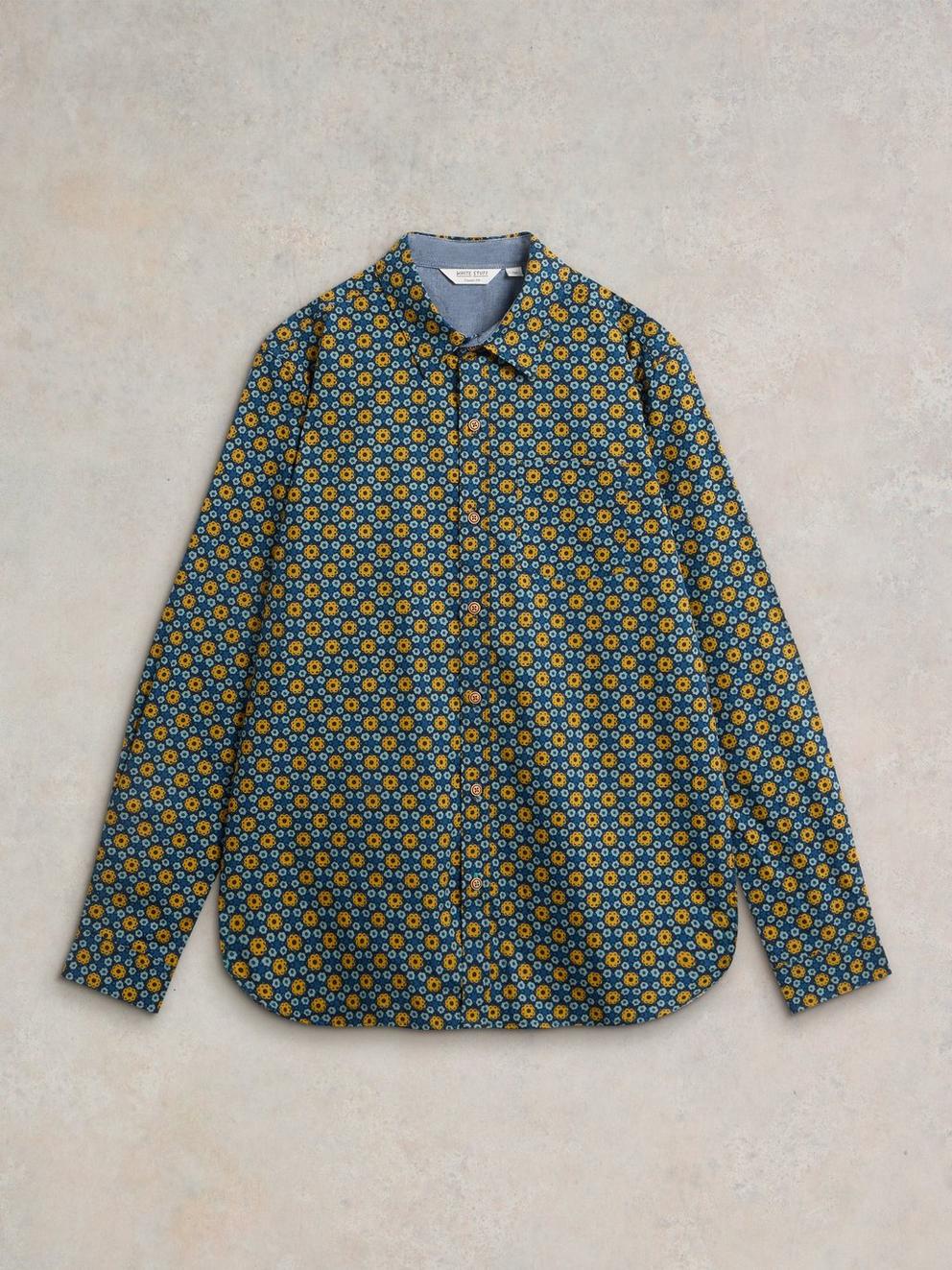 Round Flower Print LS Shirt in NAVY PR - FLAT FRONT