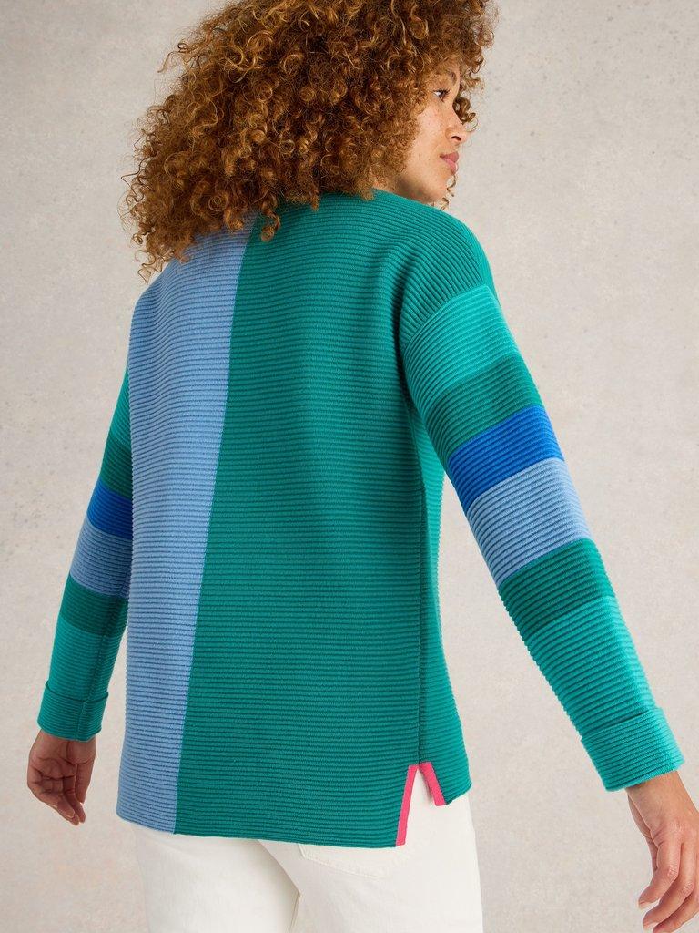 JANA HIGH NECK JUMPER in TEAL MLT - MODEL BACK