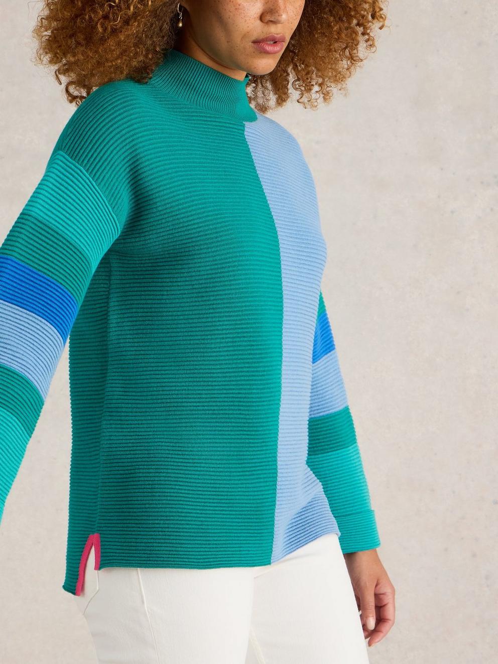 JANA HIGH NECK JUMPER in TEAL MLT - MODEL DETAIL